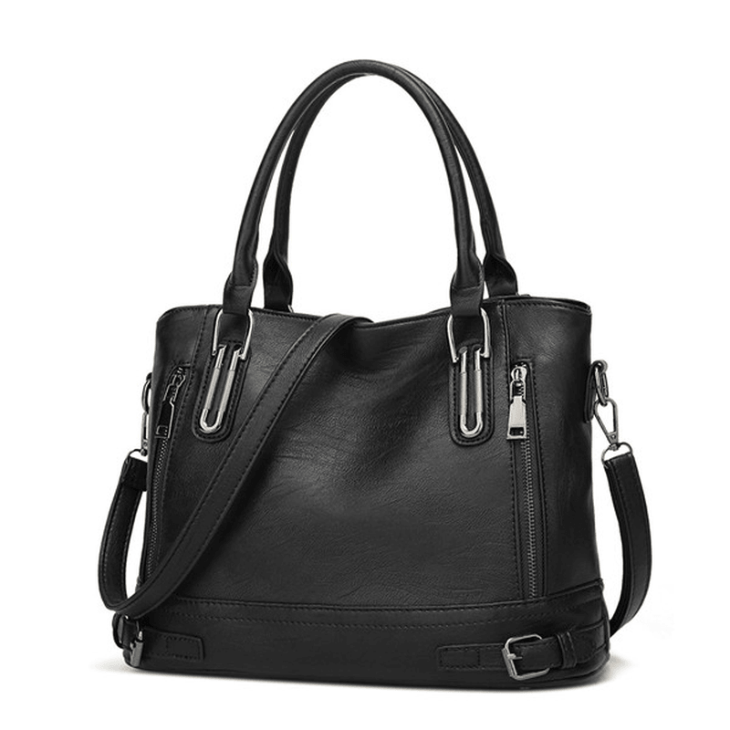 Women Faux Leather Large Capacity Tote Bag Solid Handbag Leisure Crossbody Bag - MRSLM