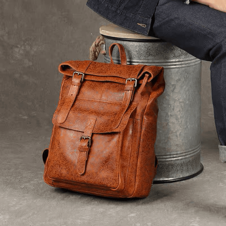 Ekphero Men Women PU Leather Vintage Large Captial Backpack Laptop Bags School Bag Shoulder Bags - MRSLM