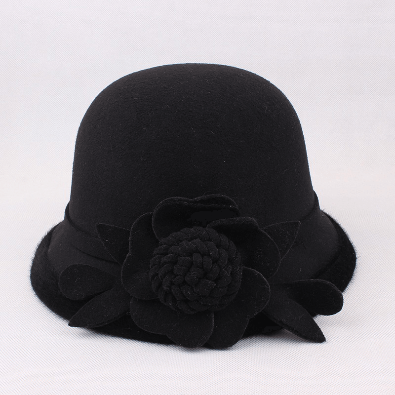 Women Warm Woolen Bowler Hat Flower Ethnic Bucket Hat - MRSLM