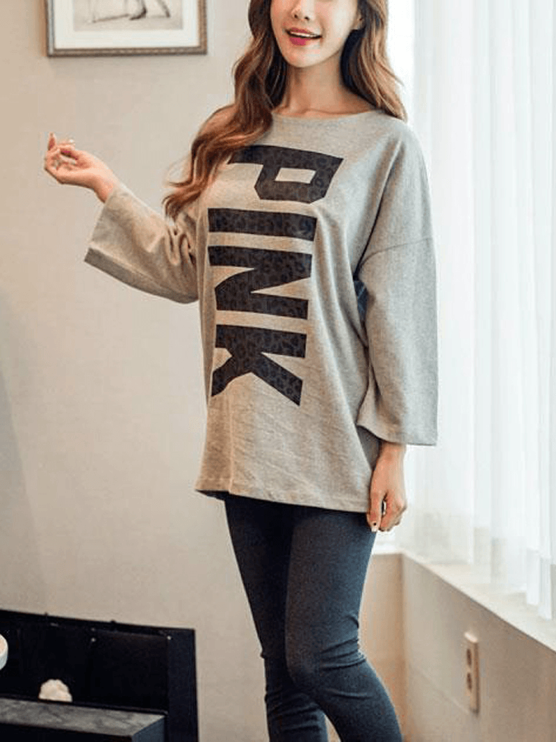 Womens Letter Print Ruond Neck Long Sleeve Home Casual Pajama Set - MRSLM