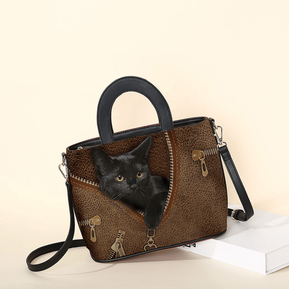 Women Faux Leather Cartoon Black Cat Pattern Multi-Carry Handbag Crossbody Bag Satchel Bag - MRSLM