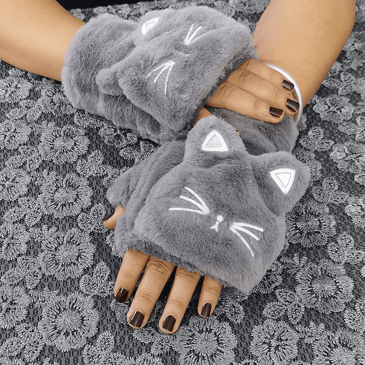 Women Plush plus Thicken Cute Cartoon Cat Pattern Keep Warm Half-Finger Gloves - MRSLM