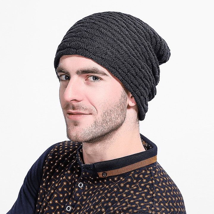 Men Women Stripe Knitted Thicker Warm Beanie Cap - MRSLM