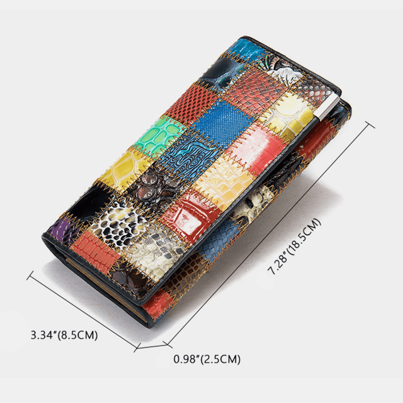 Women Genuine Leather Bifold Colored Geometric Pattern Multi-Card Slot Card Case Money Clip Coin Purse Long Clutch Wallets - MRSLM