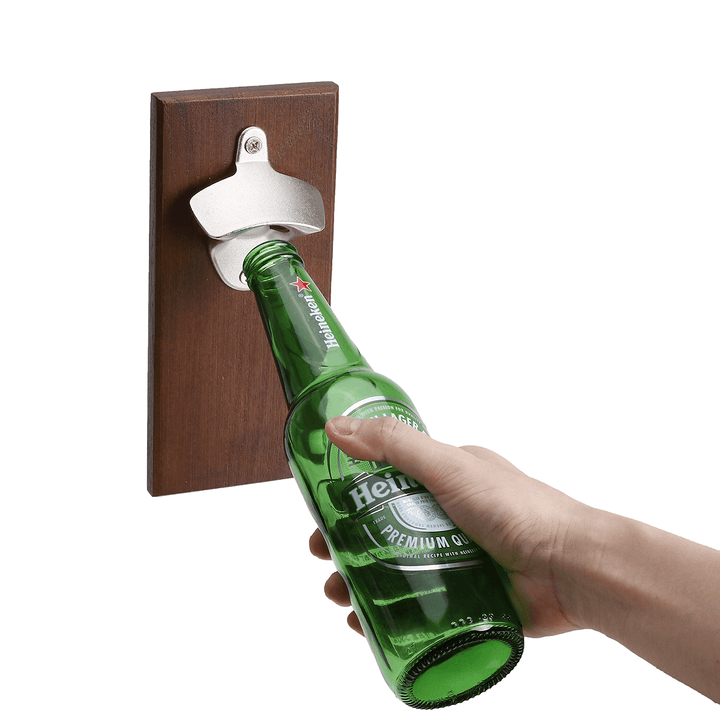 Wall Mounted Bottle Opener Rustic Wood Alloy Cap Catcher Kitchen Bar Decorations - MRSLM