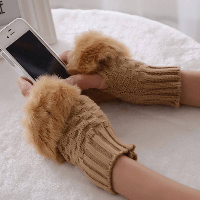 Women Winter Warm Knitted Thicken Fingerless Gloves Artificial Rabbit Hair Half Finger Sleeve - MRSLM