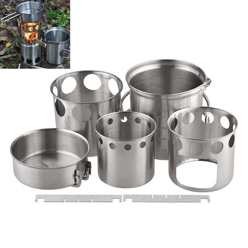 AOTU Camping Stove Set Portable Wood Burning Furnace Picnic Pot Portable Stainless Steel Cookware - MRSLM