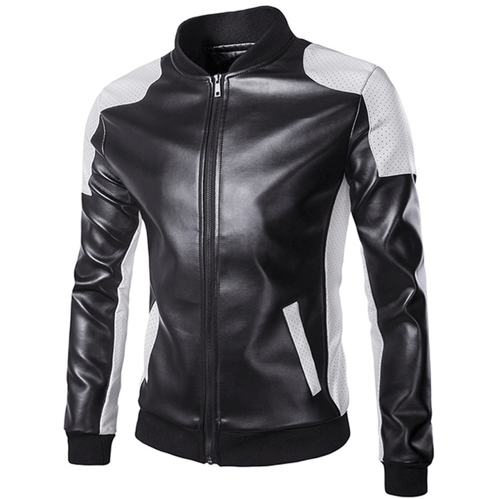 Mens PU Leather Fashion Black White Stitching Motorcycle Biker Jacket Baseball Collar Coat - MRSLM