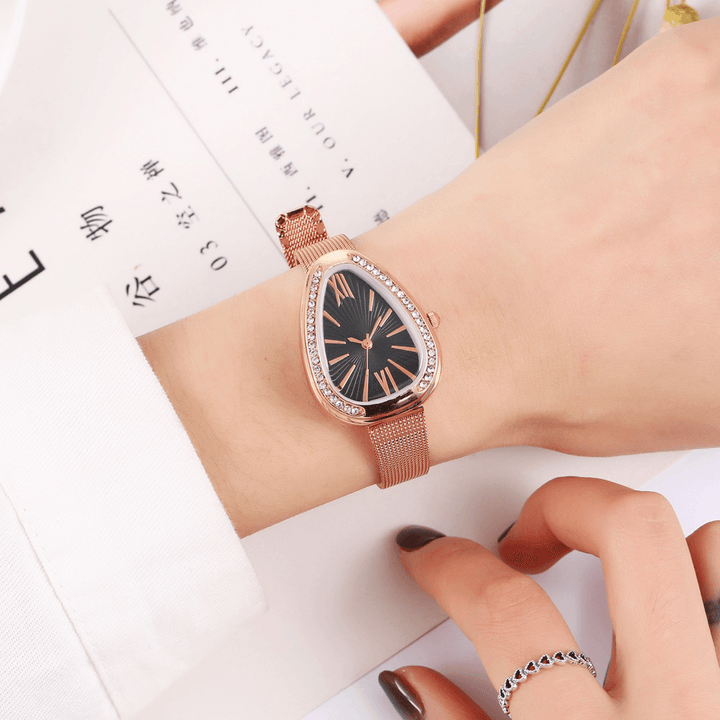 Crystal Case Triangle Dial Simple Design Full Stell Mesh Belt Women Quartz Watch - MRSLM