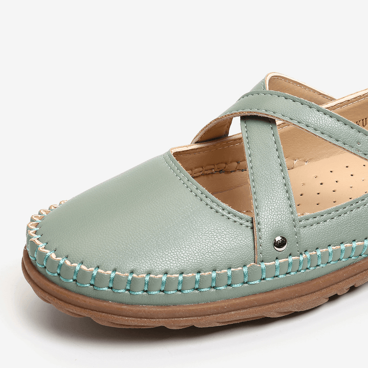 Women Cross Strap Stitching Buckle Slip Resistant Flats - MRSLM