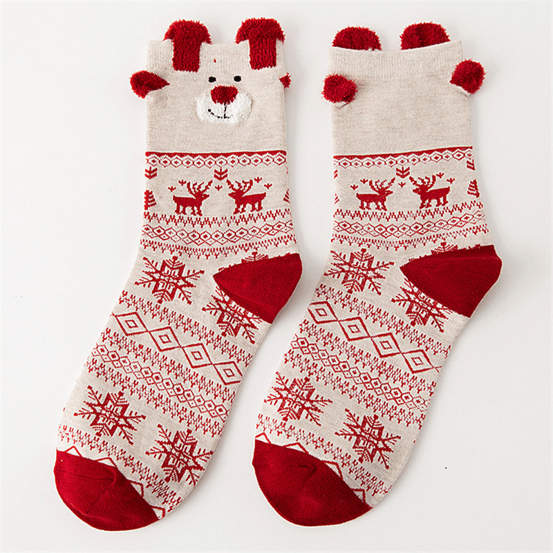 Women Cute Christmas Elk Cotton Socks Warm Soft Middle Tube Socks - MRSLM