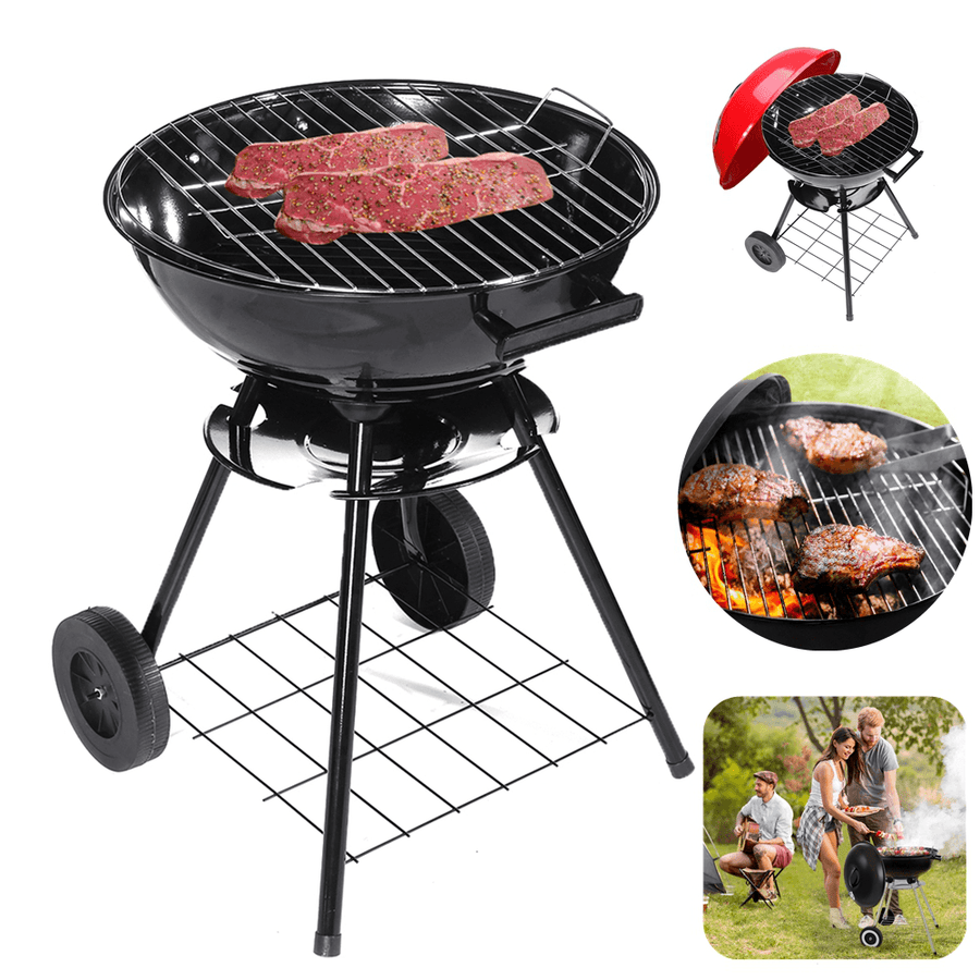 17Inch round Portable Heat Control Charcoal Grill with 2 Wheels Barbecue BBQ Kettle Outdoor Picnic Camping Cooking Grate - MRSLM