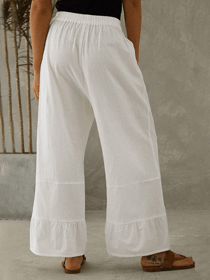 Women Cotton Plain Ruffle Cuff Elastic Waist Loose Casual Solid Wide Leg Pants - MRSLM