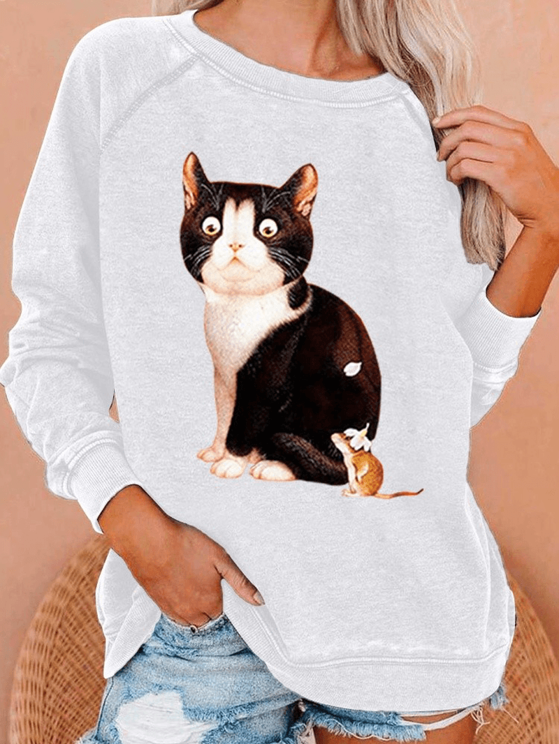 Women Cute Cat Graphics round Neck Casual Raglan Sleeve Sweatshirts - MRSLM