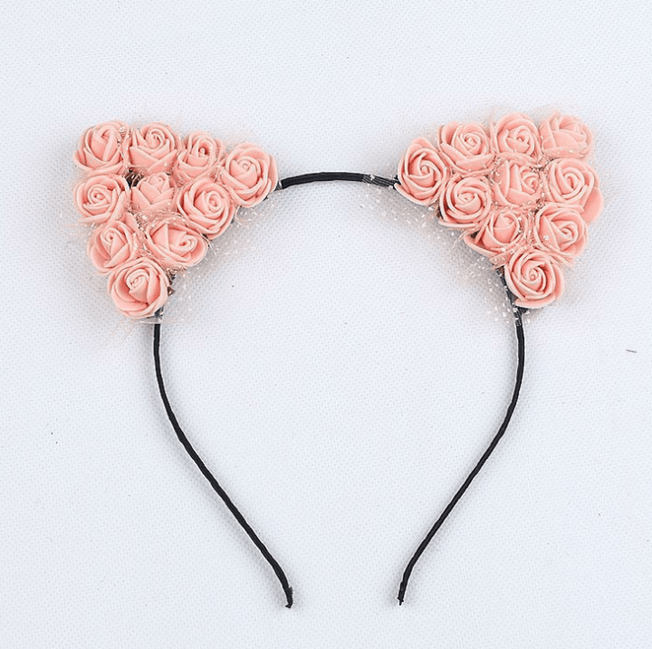 Cheveux Accessoires AWAYTR 2021 Blanc Rose Fleur Chat Oreilles Bandeaux Filles Fleur Bandeau Enfants Faits À La Main Tissu Floral Bandes De Cheveux - MRSLM