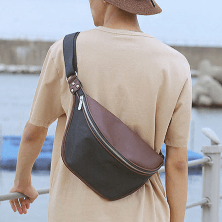 Men PU Leather Two-Color Splicing Sport Vintage Waterproof Patchwork Crossbody Bag Chest Bag Shoulder Bag - MRSLM