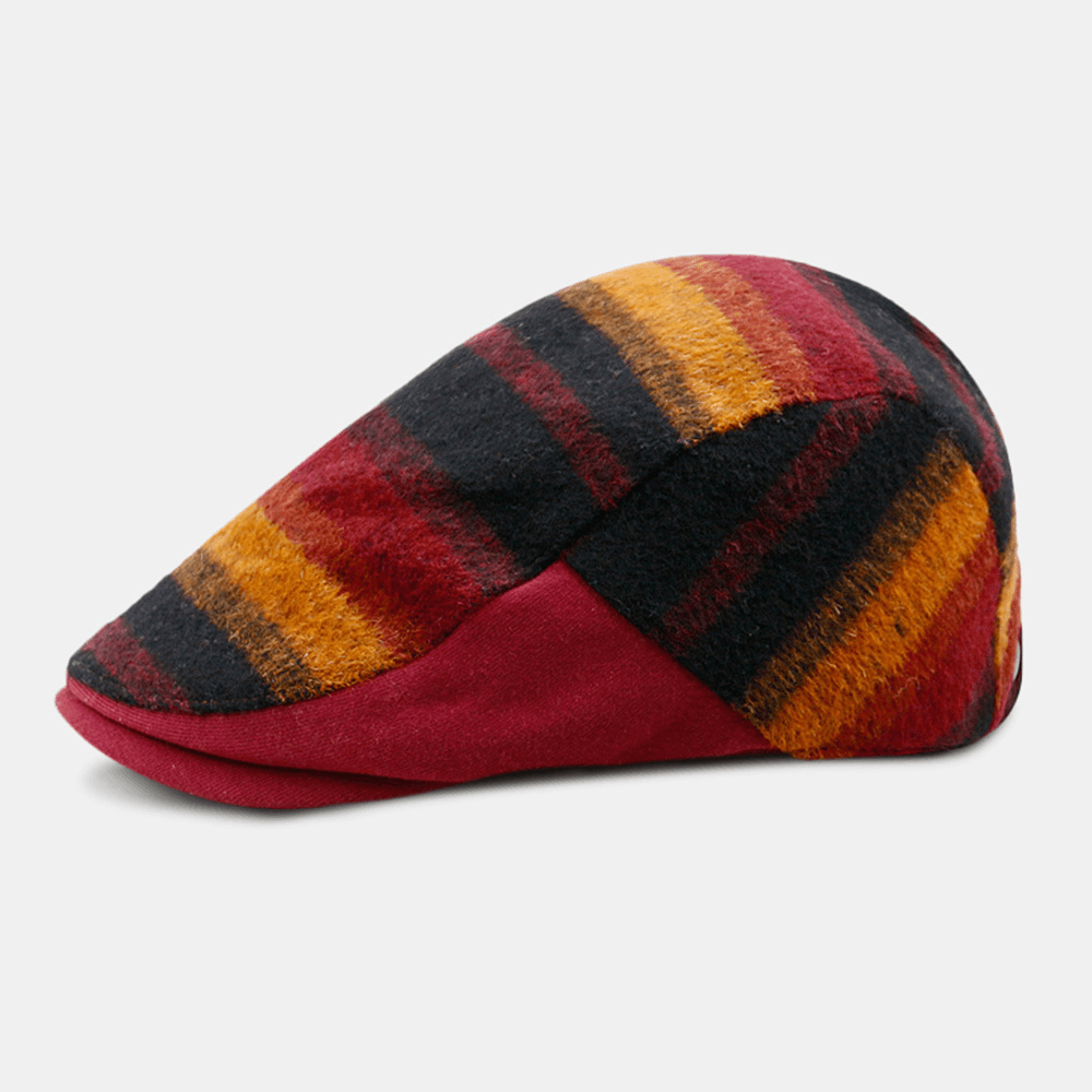 Unisex Woolen Color Matching Striped Beret British Retro Autumn Winter Warm Outdoor Sunshade Painter Hat - MRSLM