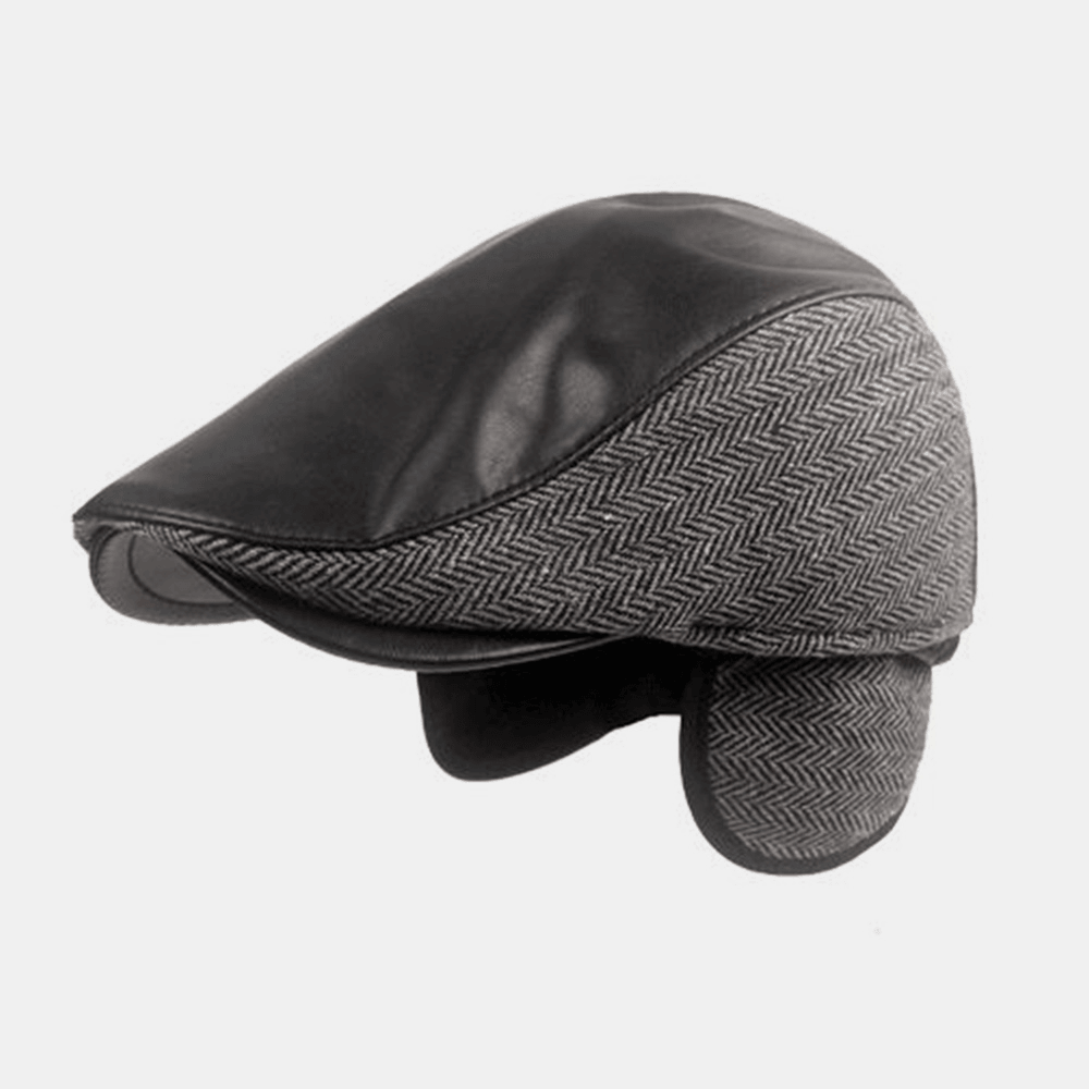 Men PU Leather Herringbone Stitching Beret Cap Autumn Winter Outdoor Ear Protection Earmuffs Warm Forward Cap - MRSLM