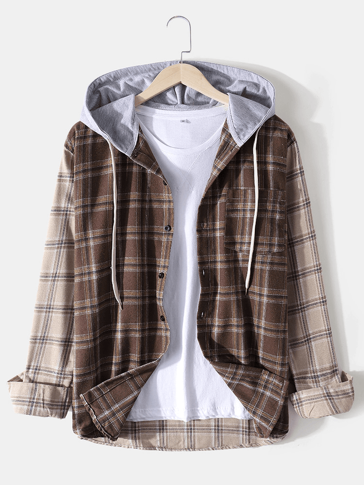 Mens Plaid Patchwork Casual Long Sleeve Drawstring Hooded Shirts with Pocket - MRSLM