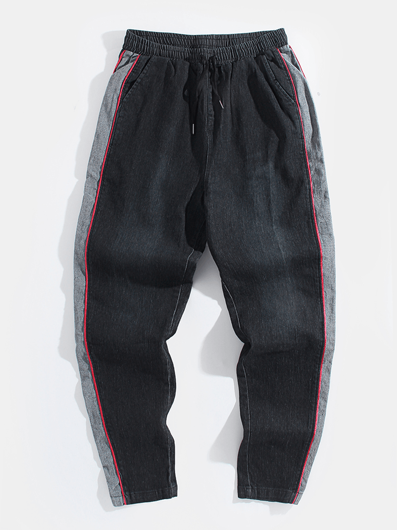 Mens Contrast Side Piping Patchwork Cotton Drawstring Denim Pants - MRSLM