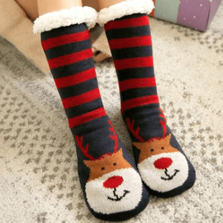 Women Warm Winter Outdoor Christmas Style Santa Claus Elk Pattern plus Velvet Thicken Home Sleep Socks Tube Socks - MRSLM