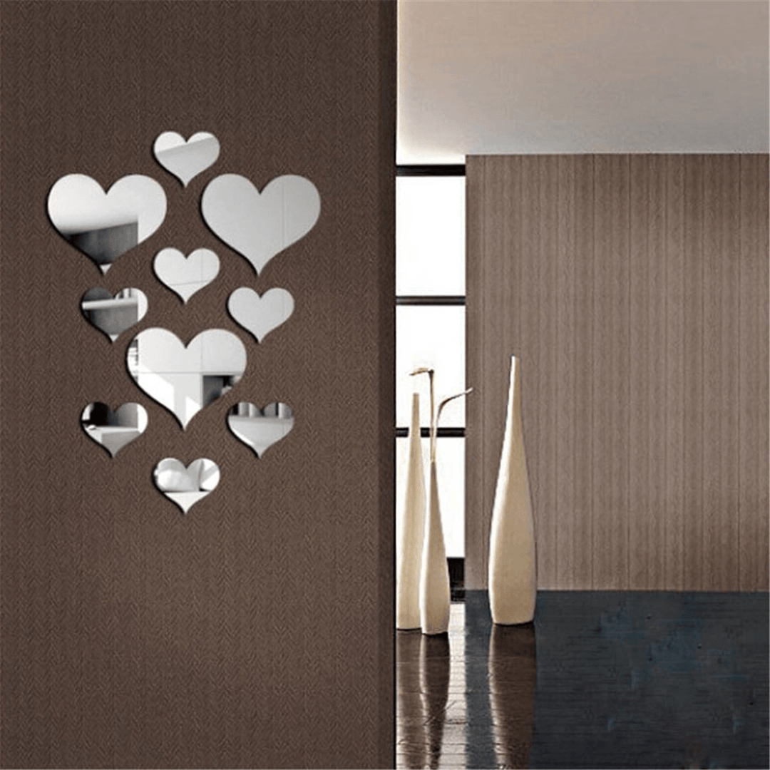 10Pcs 3D Mirror Decals Love Heart Art Mural Wall Sticker DIY Home Room Decor - MRSLM