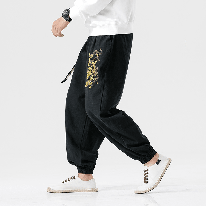 Chinese Style Large Size Dragon and Tiger Embroidery Youth Mens Cotton and Linen Casual Pants - MRSLM