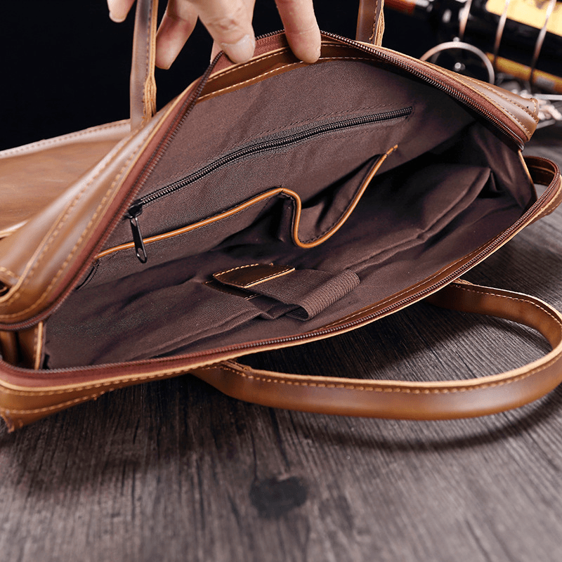 Men Horizontal Multi-Pocket Multi-Compartment Briefcase Vintage PU Leather 14 Inch Laptop Bag Crossbody Bag Shoulder Bag Handbag - MRSLM