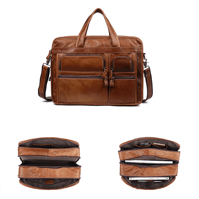 Men Genuine Leather Business Large Capacity 13.3 Inch Laptop Bag Handbag Briefcase - MRSLM