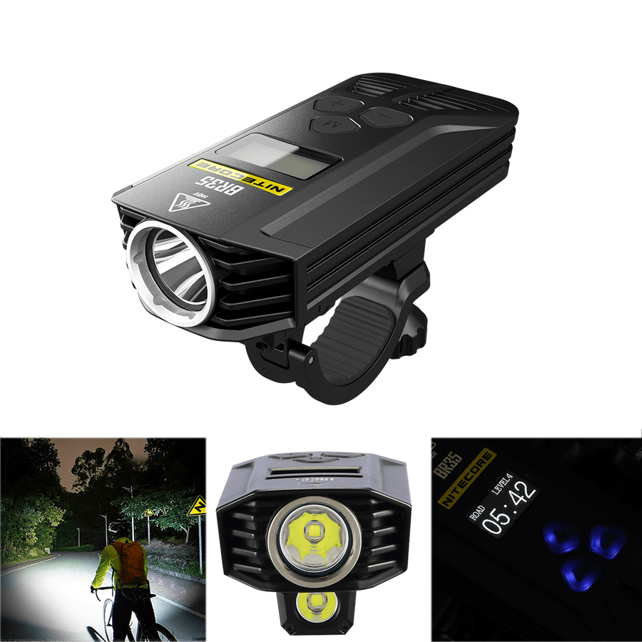 Nitecore BR35 1800LM L2 U2 OLED Display Dual Distance Beam 6800Mah Lithium Battery Bike Front Light Dual Beam Rechargeable Bike Headlight W/Remote Switch Mount Charging Cable and Cable Organizer - MRSLM