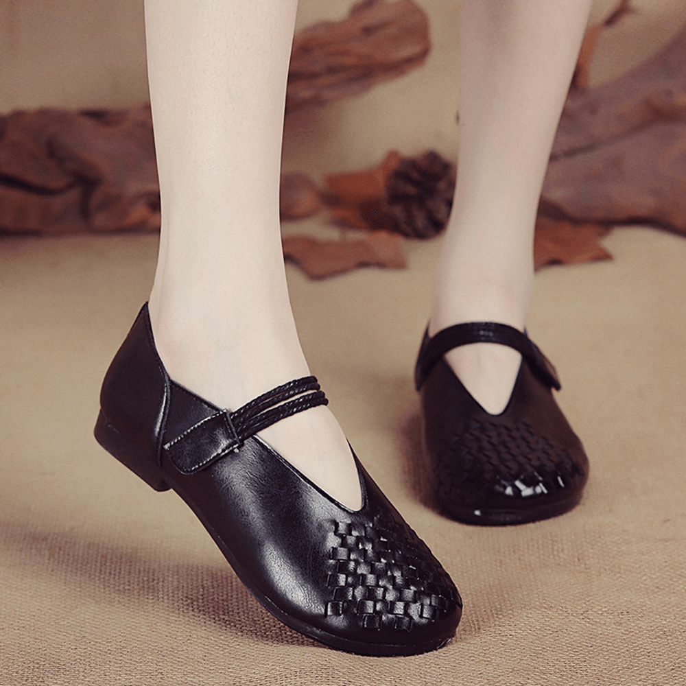 Women Genuine Leather Knitted Casual Hook Loop Flats - MRSLM