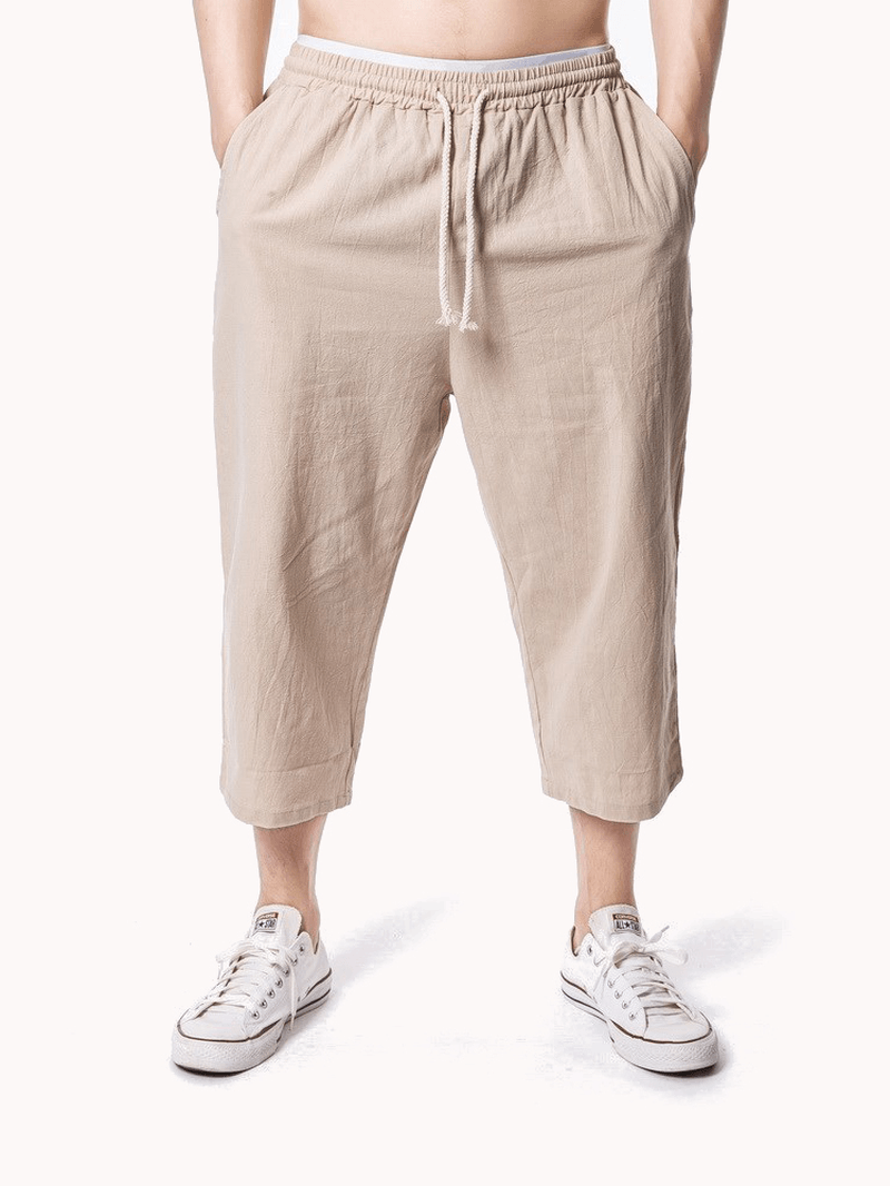 Mens Linen Solid Color Drawstring Casual Pants - MRSLM