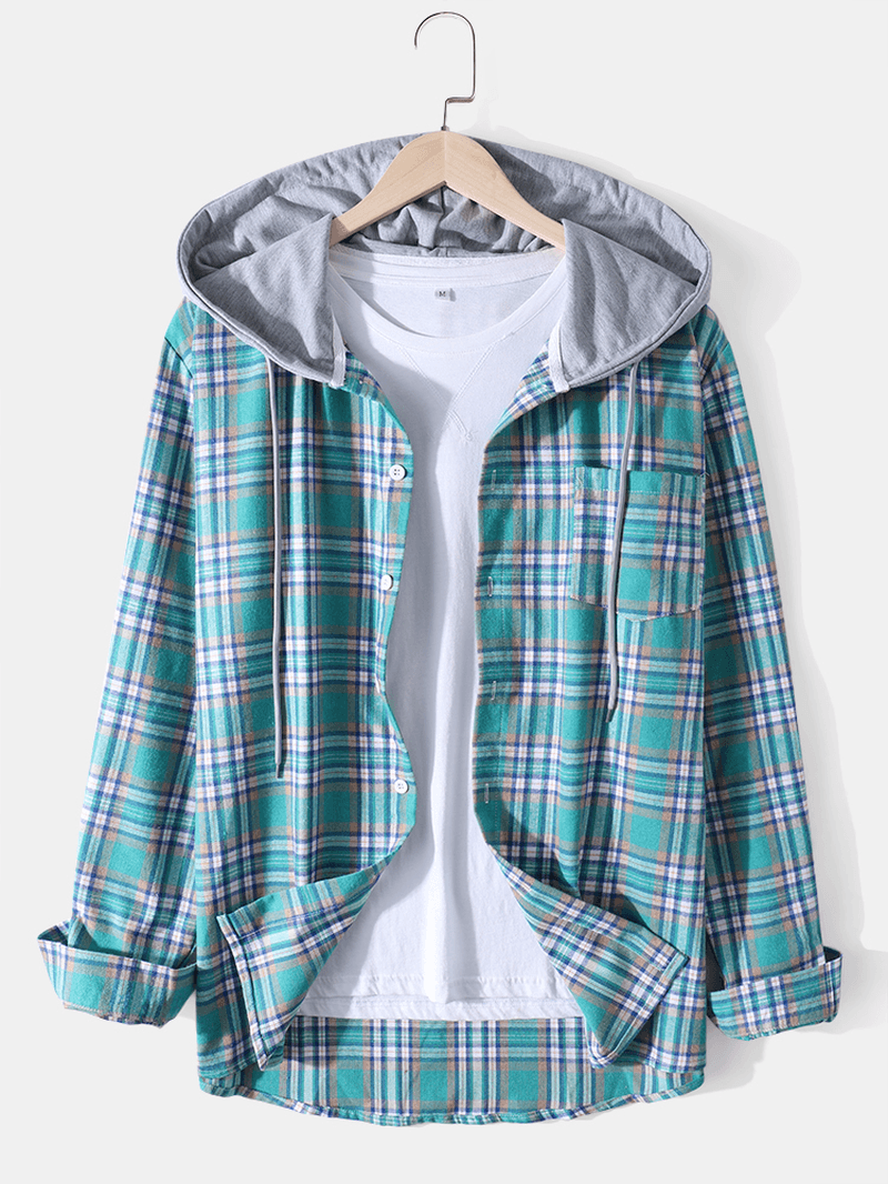 Colorful Plaid Print Chest Pocket Long Sleeve Cotton Hooded Shirts for Men - MRSLM