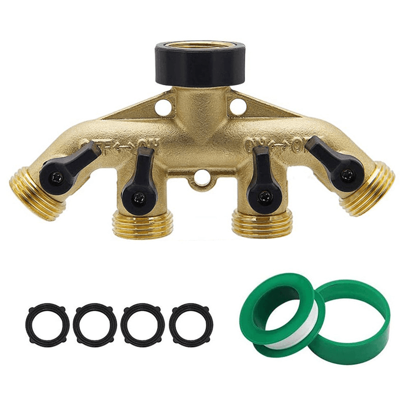 4 Way Heavy Duty Brass Garden Hose Splitter 3/4" Hose Connector 4 Valves Hose Spigot Adapter - MRSLM