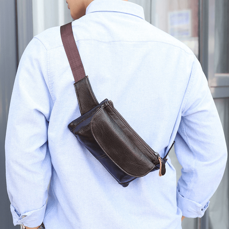 Men Genuine Leather Multi-Pocket Anti-Theft Multifunctional Crossbody Bag Chest Bag Sling Bag - MRSLM