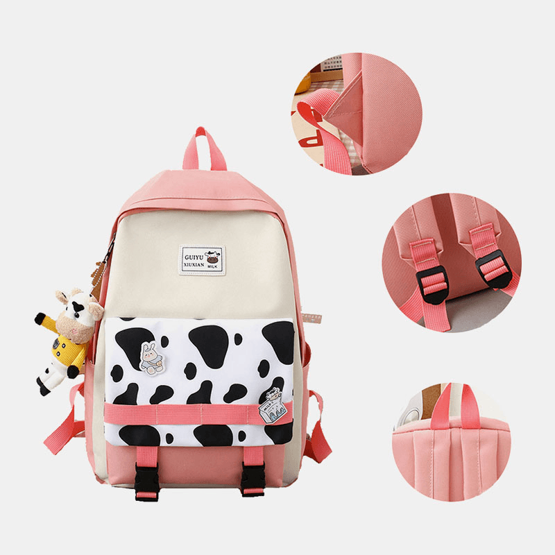 5 PCS Canvas Preppy Cow Pattern Multifunction Combination Bag Backpack Tote Crossbody Bag Clutch Wallet - MRSLM