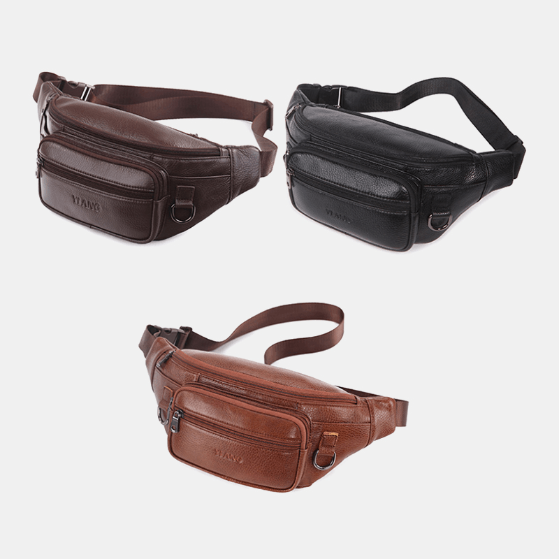 Men Genuine Leather Solid Color Multi-Carry Crossbody Bag Chest Bag Belt Bag Waist Bag - MRSLM