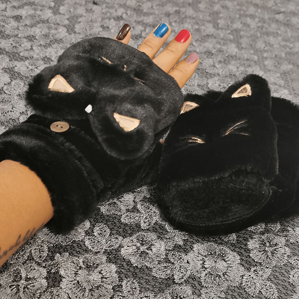 Women Plush plus Thicken Cute Cartoon Cat Pattern Keep Warm Half-Finger Gloves - MRSLM