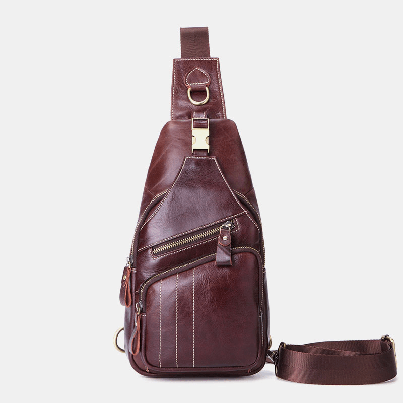 Men Genuine Leather Retro Business Casual Solid Color Leather Shoulder Bag Crossbody Bag Chest Bag - MRSLM