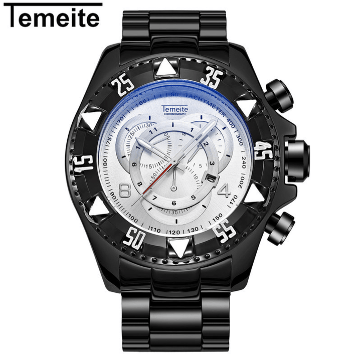 TEMEITE 020G Men Watch Business Waterproof Luminous Stainless Steel Calendar Three-Eyes Quartz Watch - MRSLM