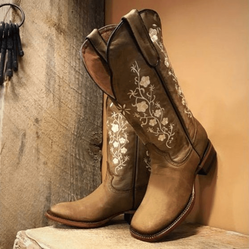 Retro Flowers Square Toe Slip on Mid-Calf Block Heel Cowboy Boots for Women - MRSLM