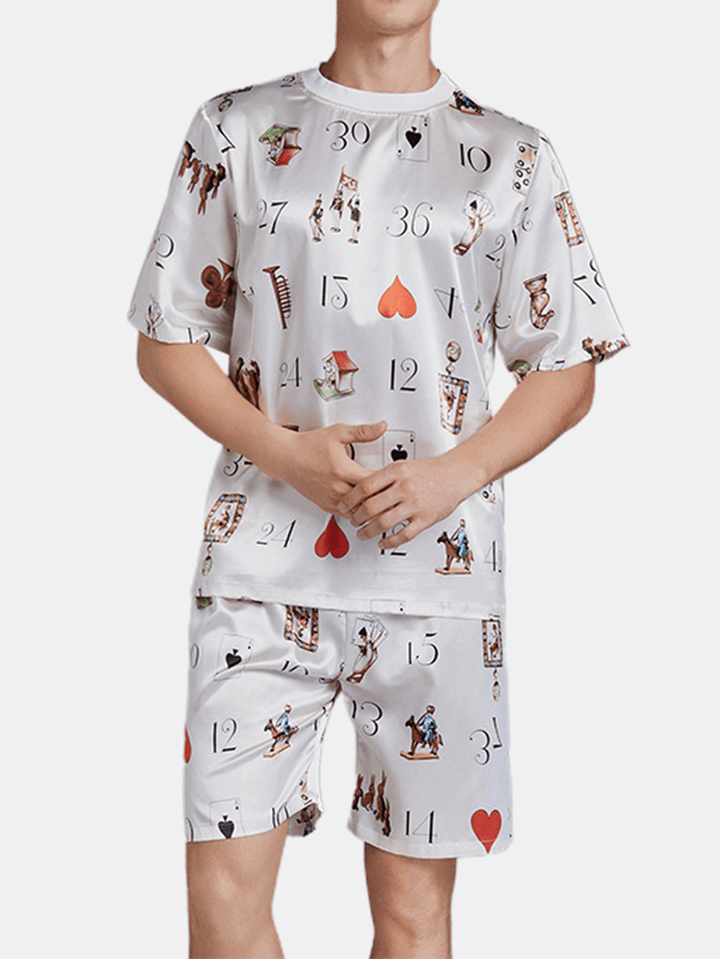 Mens Playing Cards Fuuny Cartoon Print Short Sleeve Two Piece Cozy Smooth Pajama Set - MRSLM