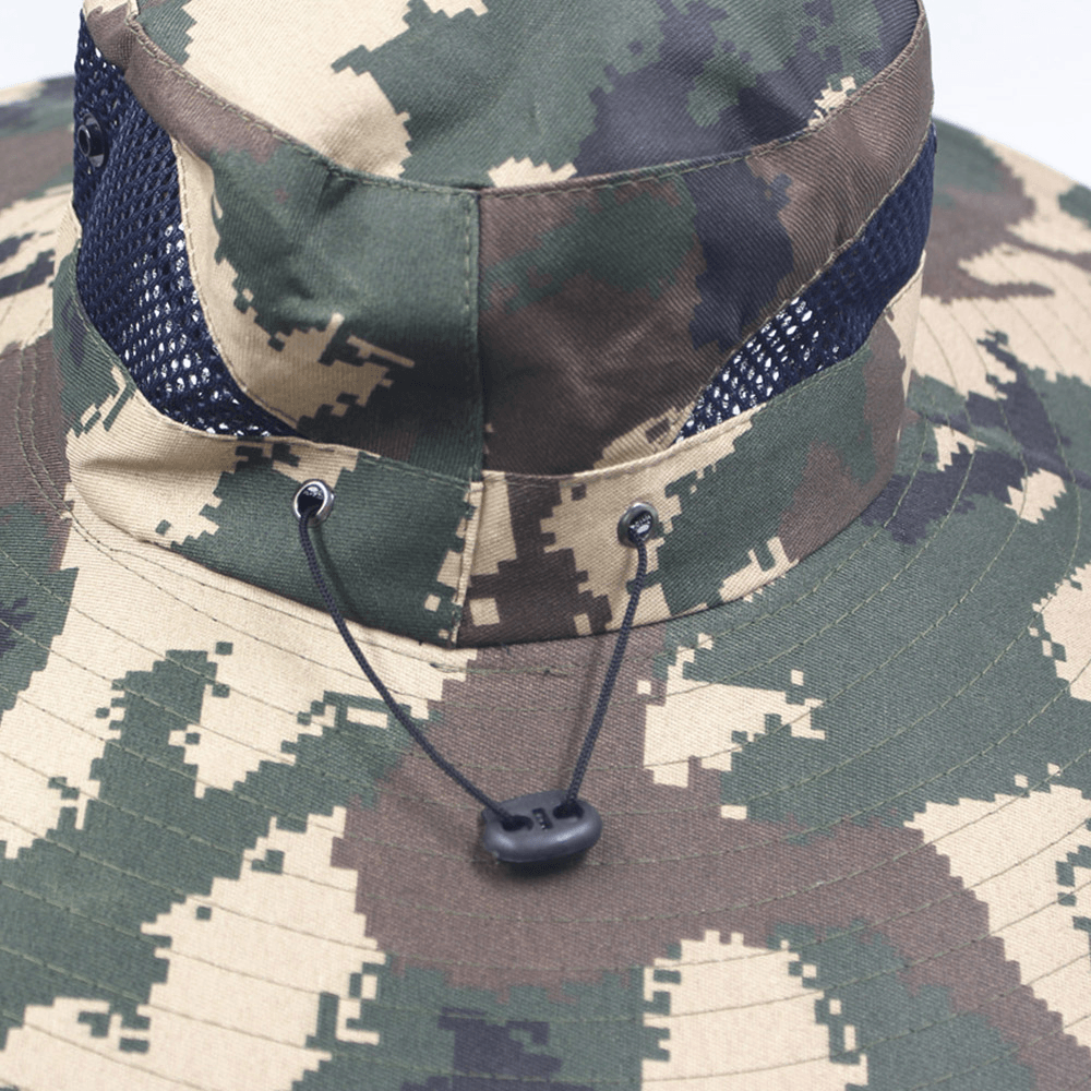 Men Camouflage Mesh Breathable Big Brim Outdoor Fishing Climbing Sunshade Bucket Hat - MRSLM