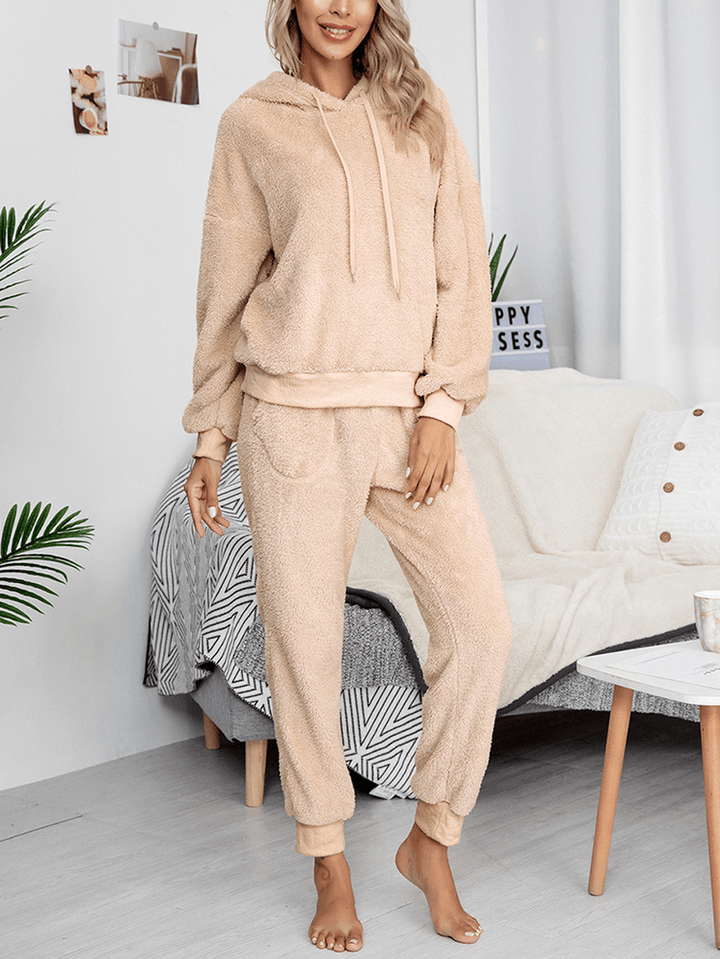 Women Solid Color Fleece Pullover Hoodie Jogger Pants Two-Piece Home Fuzzy Pajamas Set - MRSLM