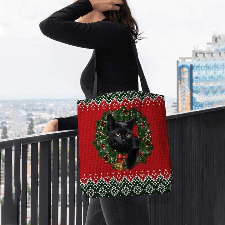 Women Felt Cartoon Festive Classic Color Christmas Wreath Cat Pattern Shoulder Bag Handbag Tote - MRSLM