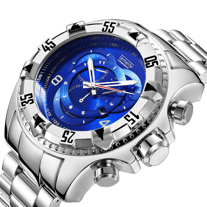 TEMEITE 020G Men Watch Business Waterproof Luminous Stainless Steel Calendar Three-Eyes Quartz Watch - MRSLM