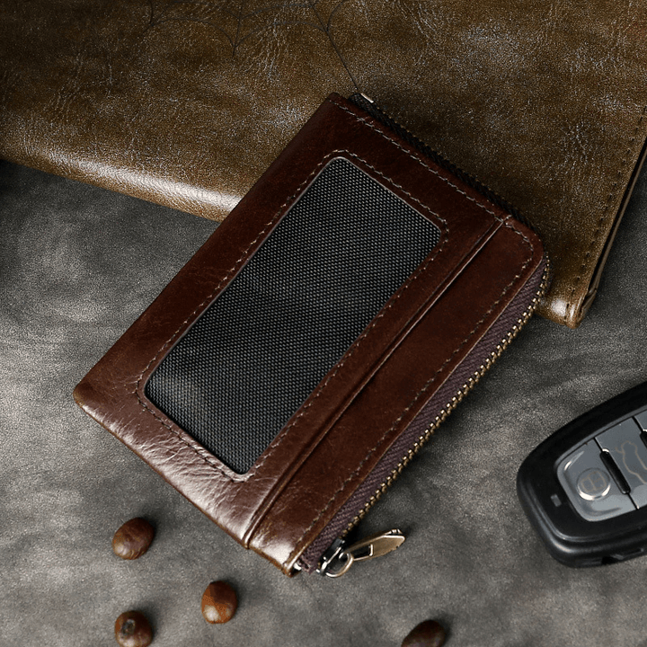 Men Genuine Leather Wallets Retro Multifunctional RFID Anti-Theft Brush Card Holder Money Clip Coin Purse Cowhide Wallets - MRSLM