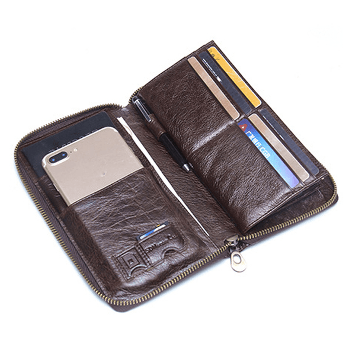 Men Genuine Leather Multifunction Purse Pen Holder Phone Holder Zipper Pocket Large Capacity Business Wallet - MRSLM