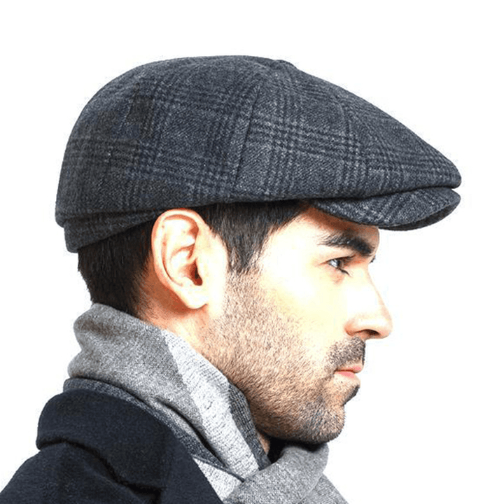 Men Vintage Wool Gird Painter Beret Hat Winter Warm Gentleman Octagonal Newsboy Cap - MRSLM