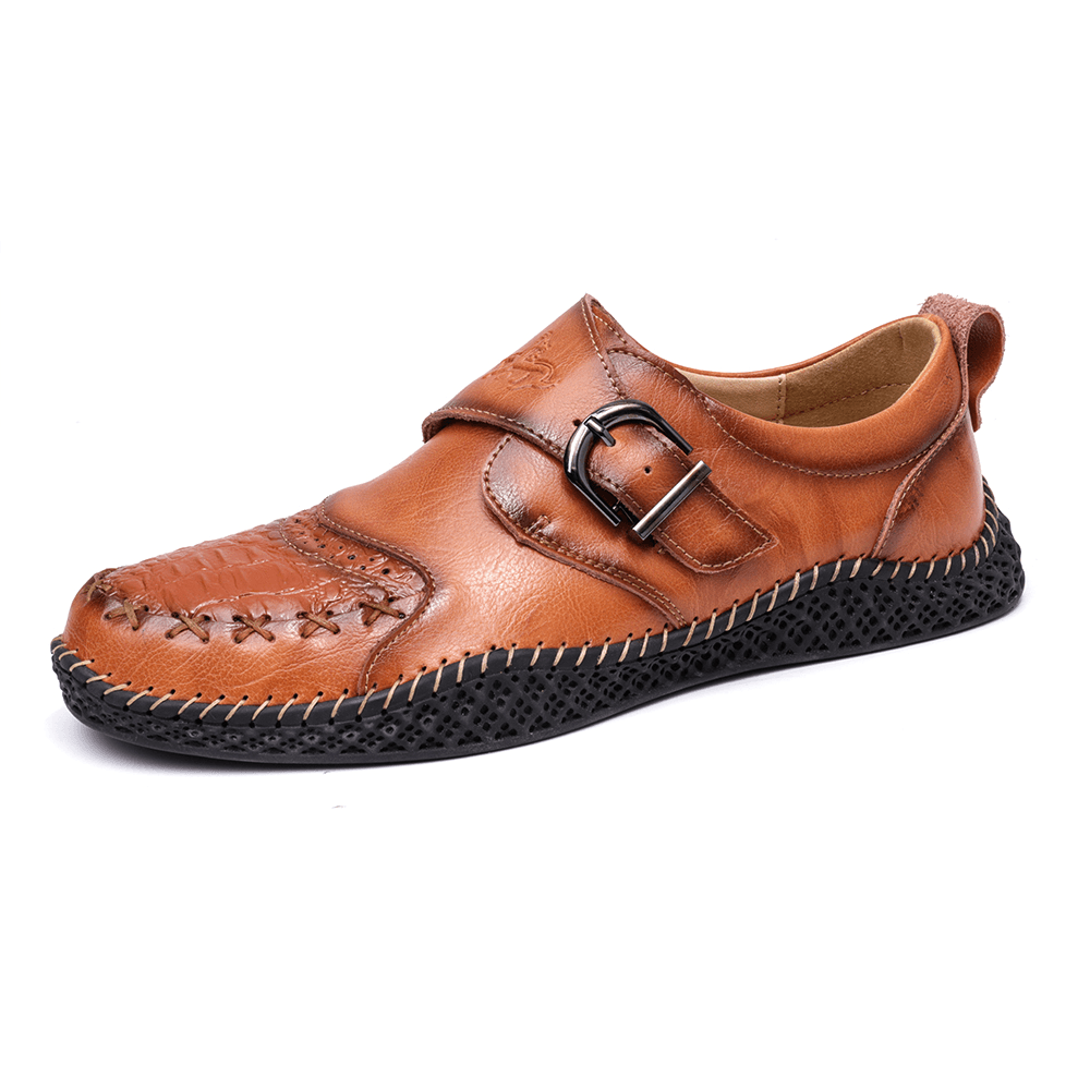 Menico Men Hand Stitching Comfy Soft Sole Buckle Strap Casual Flats - MRSLM